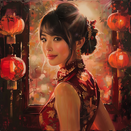 chinese woman in qipao dress during lunar new year celebration painting by stefano moretti