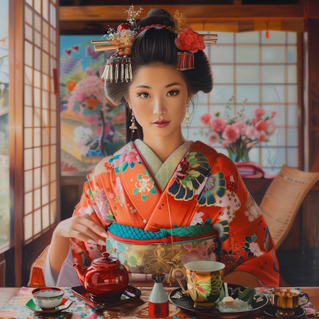 japanese woman in kimono during a tea ceremony painting by stefano moretti