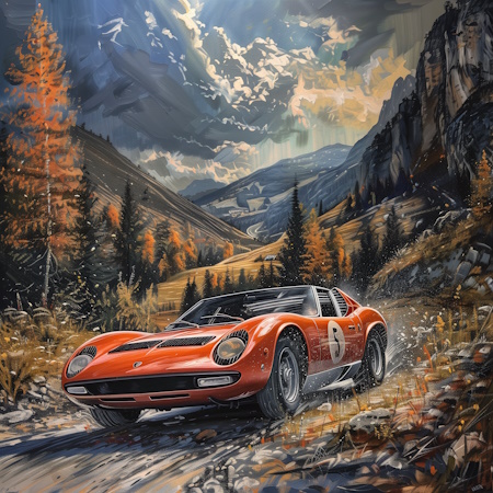 lamborghini miura during the mille miglia painting by luciano vittori