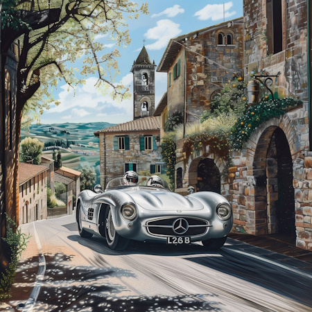 mercedes sportscar during mille miglia painting by luciano vittori