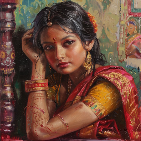 nepali woman in sari during dashain festival painting by stefano moretti