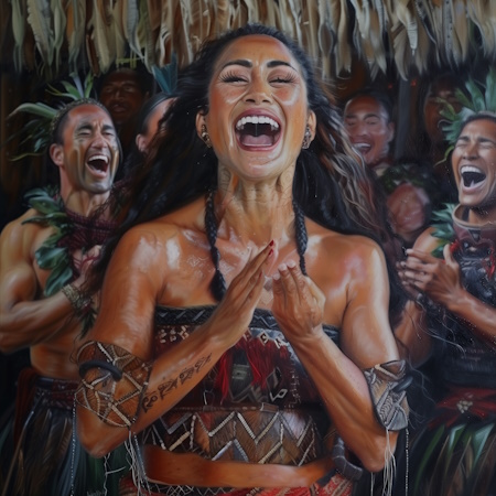 new zealand maori woman during haka performance painting by stefano moretti