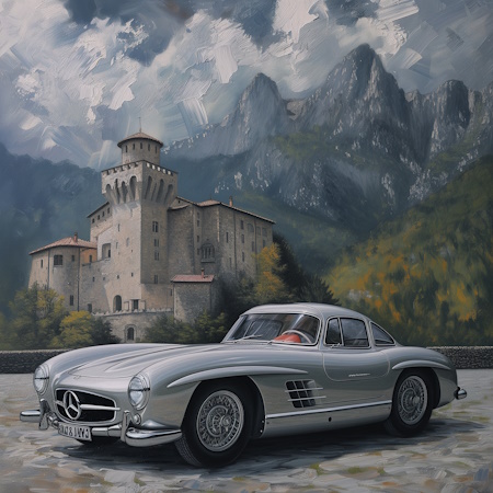 painting of a german sportscar mille miglia mercedes 300sl gullwing by luciano vittori