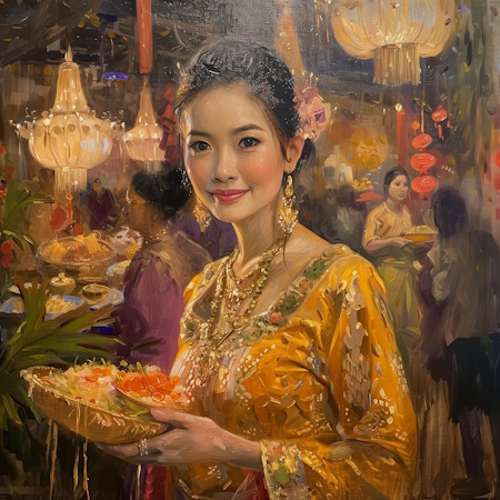 thai woman silk dress loy krathong festival painting by stefano moretti
