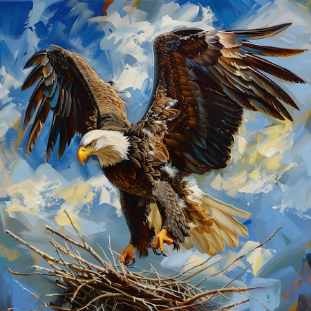 bold eagle landing on nest painting by elena vittori